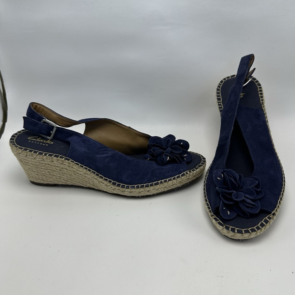 Clarks Artisan Petrina Bianca Blue Suede Slingback Espadrille Wedge Shoes 10 M